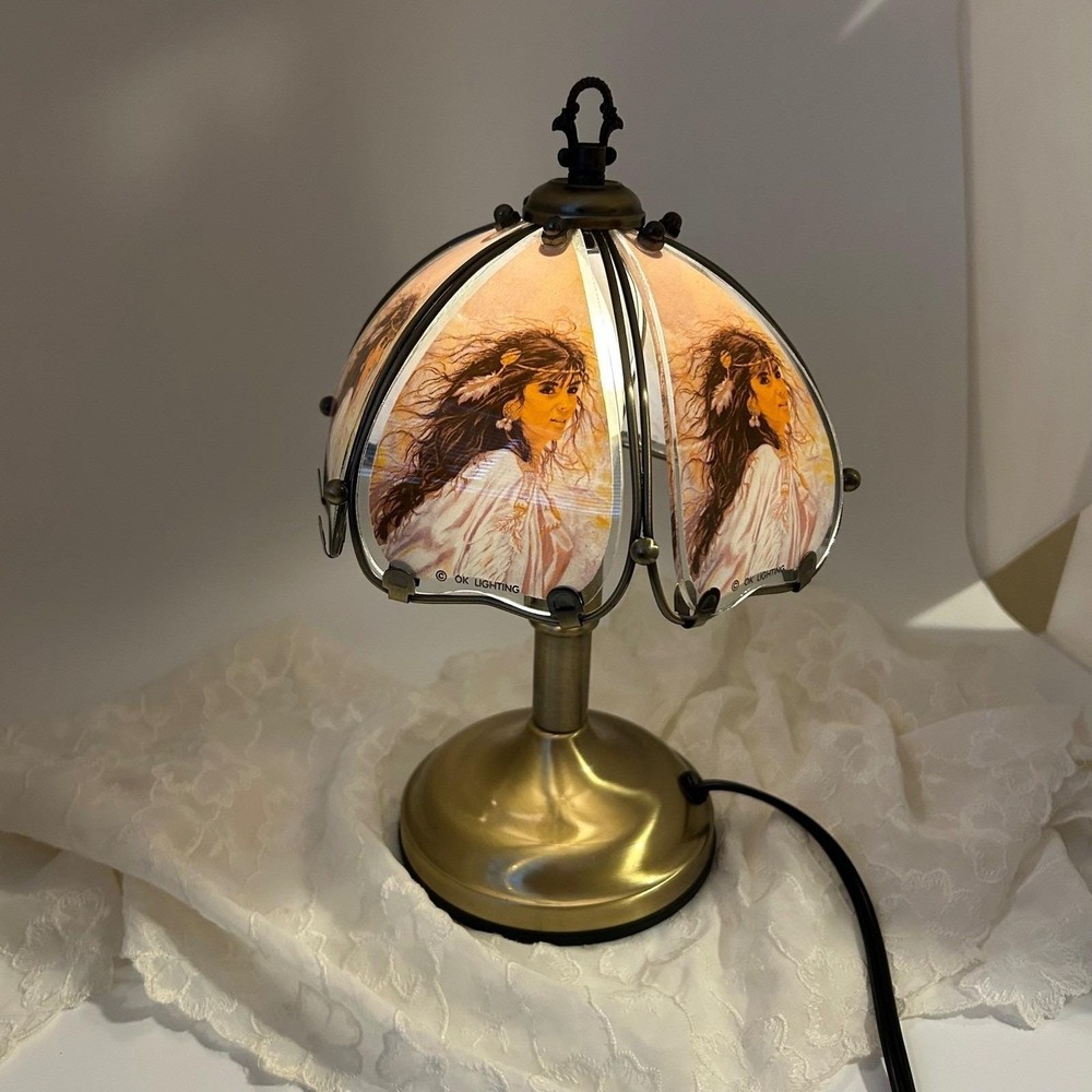 Vintage Touch Lamp Native American Girl Glass Panels Small Desk Lamp Ok lighting